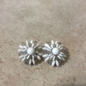 Vintage White & Clear Bead Cluster Clip On Earrings